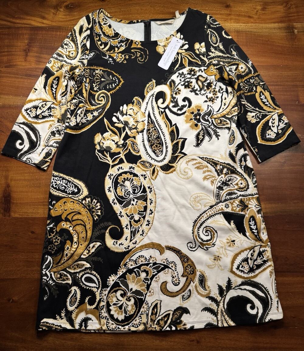 Soft Surroundings Women’s Black Gold Paisley 3/4 Sleeve Shift Dress Sz PL - NWT